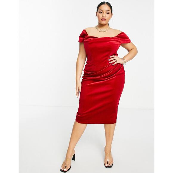 NWT Asos Design Curve Size 20 Drape Bardot Corset Red Velvet Pencil Midi Dress - Picture 2 of 15